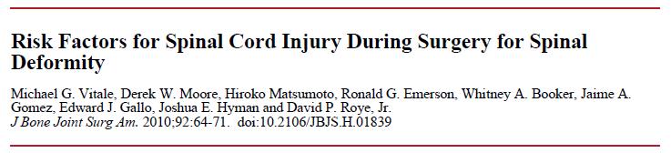 Incidence of intra-operative Neurologic injury: 162 deformity pts [93%(151/162) successfully monitored Electrophysical monitoring