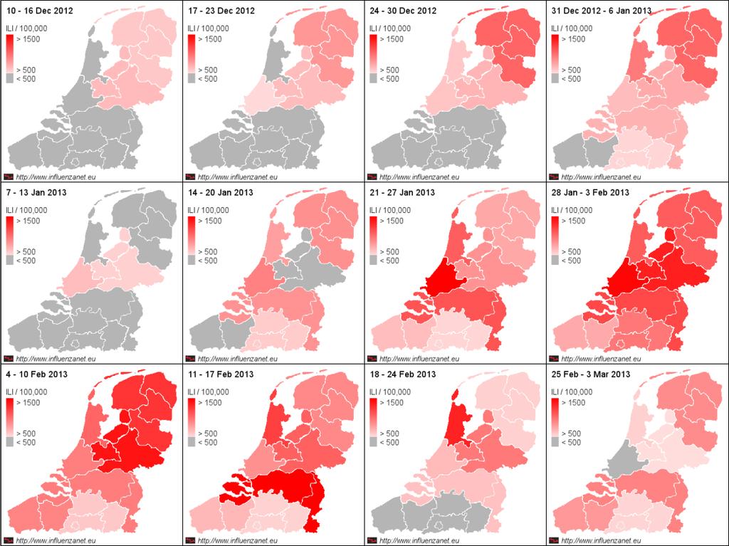 6 EPIWORK D5.8 2.3 Syndrome surveillance, Example: the Netherlands ILI activity in the Netherlands and Flanders in this 2012/2013 season, till early March.