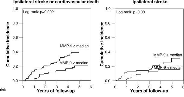 Biomarkers predict the natural history of carotid and cerebrovascular disease Elevated levels of MMP-9 in patients with >50%