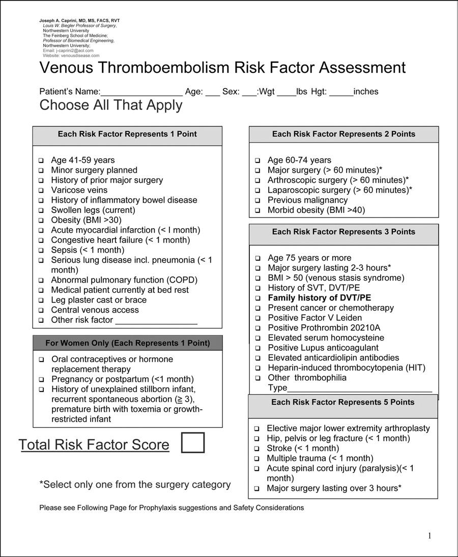 FIG 3. Venous thrombosis risk factor assessment form. in the limb.