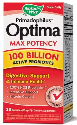 Primadophilus Optima Maximum potency Guaranteed potency: 100 billion active probiotic cultures 10 probiotic strains for total intestinal support 6 Lactobacilli for the small intestine 4