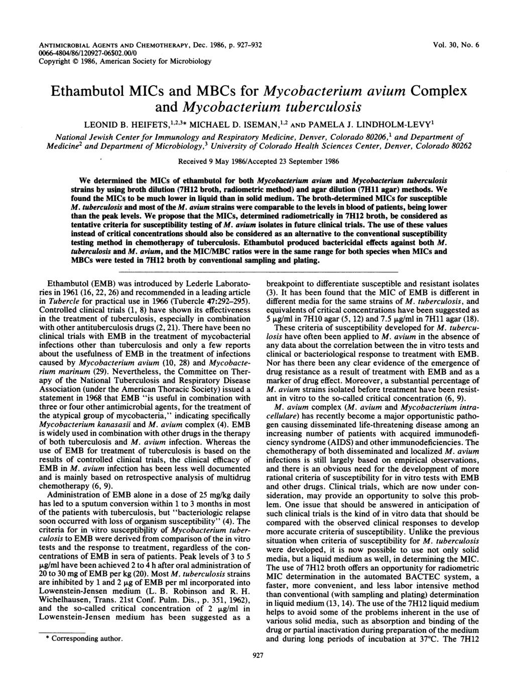 ANTIMICROBIAL AGENTS AND CHEMOTHERAPY, Dec. 1986, p. 927-932 66-484/86/12927-6$2./ Copyright 1986, American Society for Microbiology Vol. 3, No.
