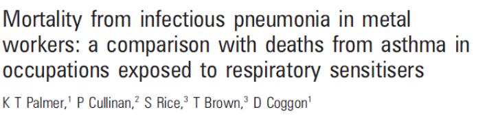 Occupations Last exposure to metal fume (several items) Different exposures and morbidity from pneumonia with control for overlapping exposures Pneumonia OR Exposure N OR 95% CI >1 year before onset