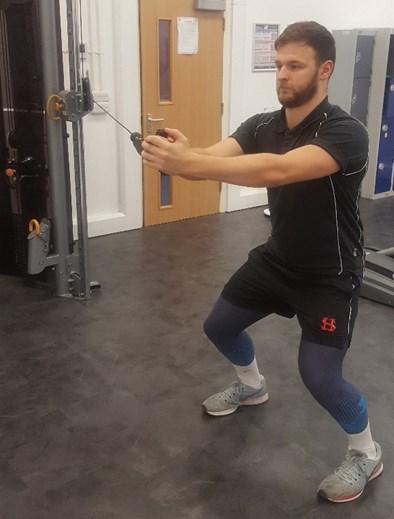 Press out and extend arms 5. Do not let the weight pull you round or make your rotate. Make sure where you are holding is still directly in front of your chest 6.