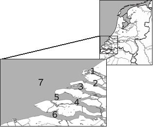 Chapter Figure 1. The estuaries and Delta Works of the Dutch Delta. The Nieuwe Waterweg (1) has an open connection to the North Sea.