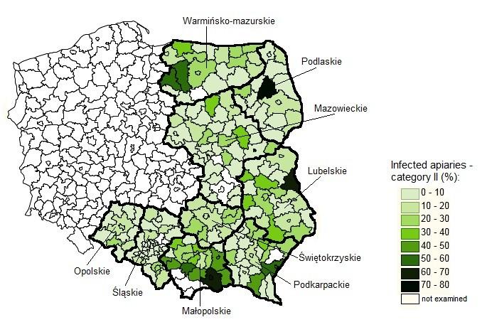 543 Fig. 3. Proportion of the apiaries with a high degree of P. larvae infection (classified as category II) in the individual districts of the nine monitored provinces.