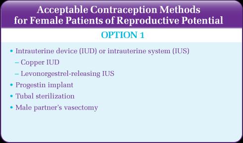 Acceptable Contraceptive Methods for Females of Reproductive Potential Highly effective methods to use alone Patient education