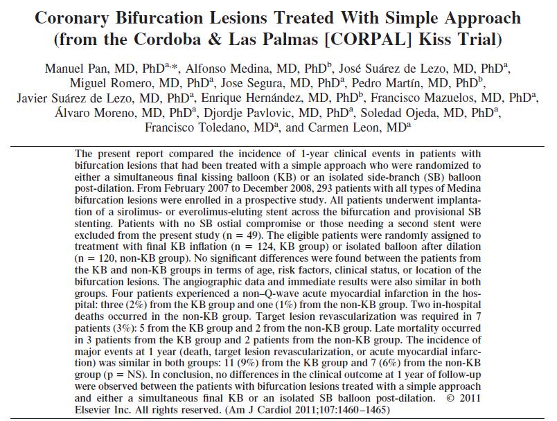 Coronary Bifurcation Lesions Treated With Simple Approach (from the Cordoba &