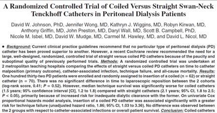 47 Catheter removal/replacement (5 trials, 275 patients) RR 1.11, 95% CI 0.53 to 2.31 Cochrane Database Syst Rev. 2004 Am J Kidney Dis.