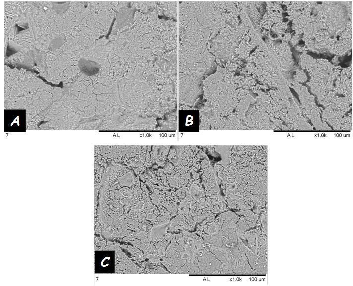 Figure 6 - FTIR spectra corresponding to HB30 composite (green and sintered) The FB20, HB25 and HB30 SEM micrographs of the syntherized material are showed in Fig.