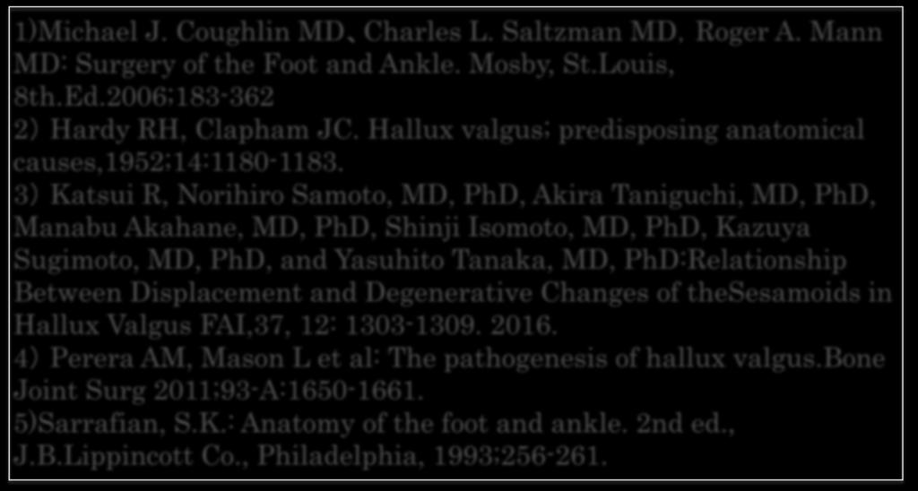 Reference 1)Michael J. Coughlin MD Charles L. Saltzman MD,Roger A. Mann MD: Surgery of the Foot and Ankle. Mosby, St.Louis, 8th.Ed.2006;183-362 2) Hardy RH, Clapham JC.