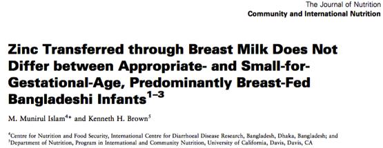 Nutrient intake: Zinc J Nutr (2014) 144, 771-776 Breast milk zinc concentration was similar to that of