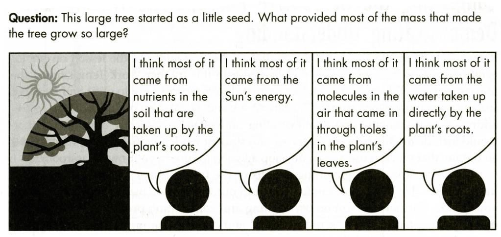 II. Where does a plant's mass come from? 2 (from "Hard- to- Teach Biology Concepts" by Susan Koba with Anne Tweed, NSTA Press) 1. Which of the four hypotheses in the cartoon do you agree with?