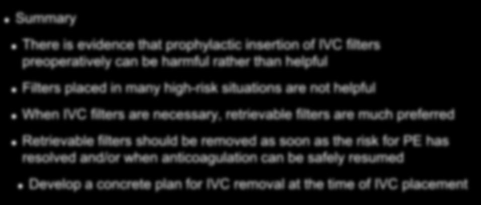 The ASH Choosing Wisely campaign Summary There is evidence that prophylactic insertion of IVC filters preoperatively can be harmful rather than helpful Filters placed in many high-risk situations are