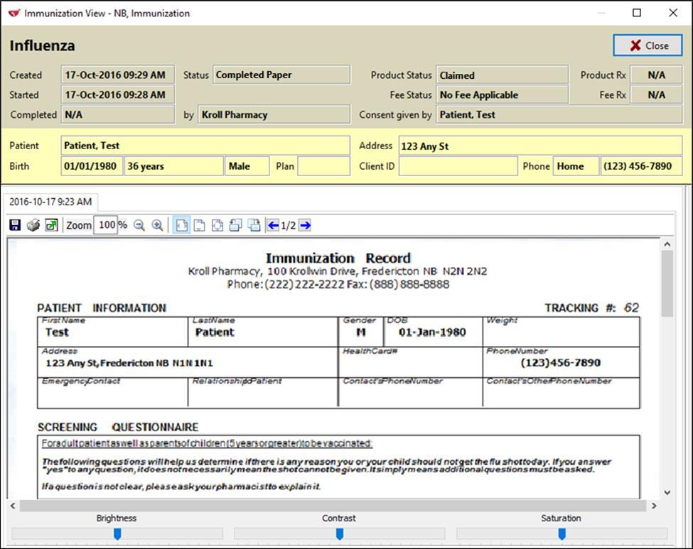 If the immunization record has been scanned into the system, the scanned record will appear in the Immunization View screen.