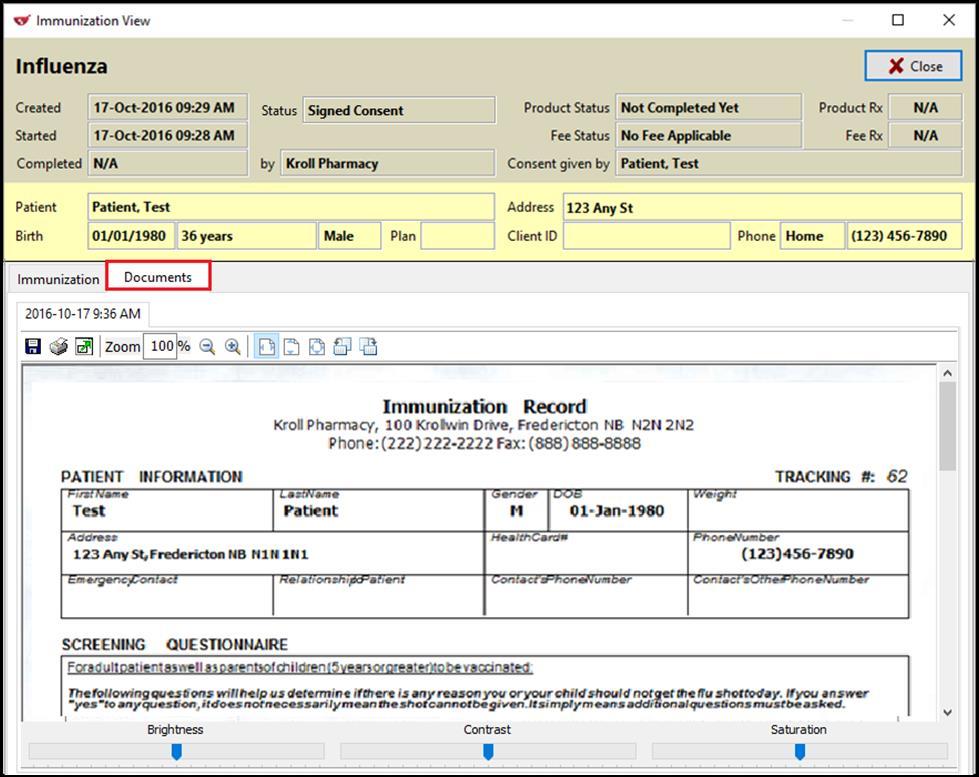 6. In the Documents tab, the scanned record will appear. From here you can adjust the brightness, contrast, and saturation of the record, or reprint the consent record.