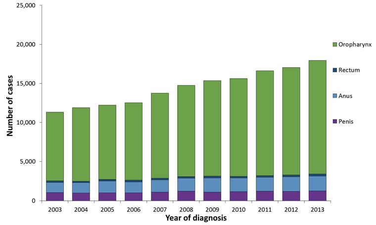 Number of HPV-Associated Cancers Among Men by Year and Cancer Si