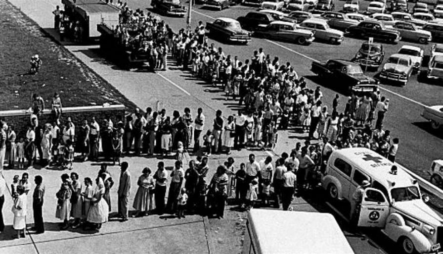 1959 In 1959, The line of people awaiting polio shots at Evansville's Municipal Stadium was still long four hours after the clinic started, when this picture was