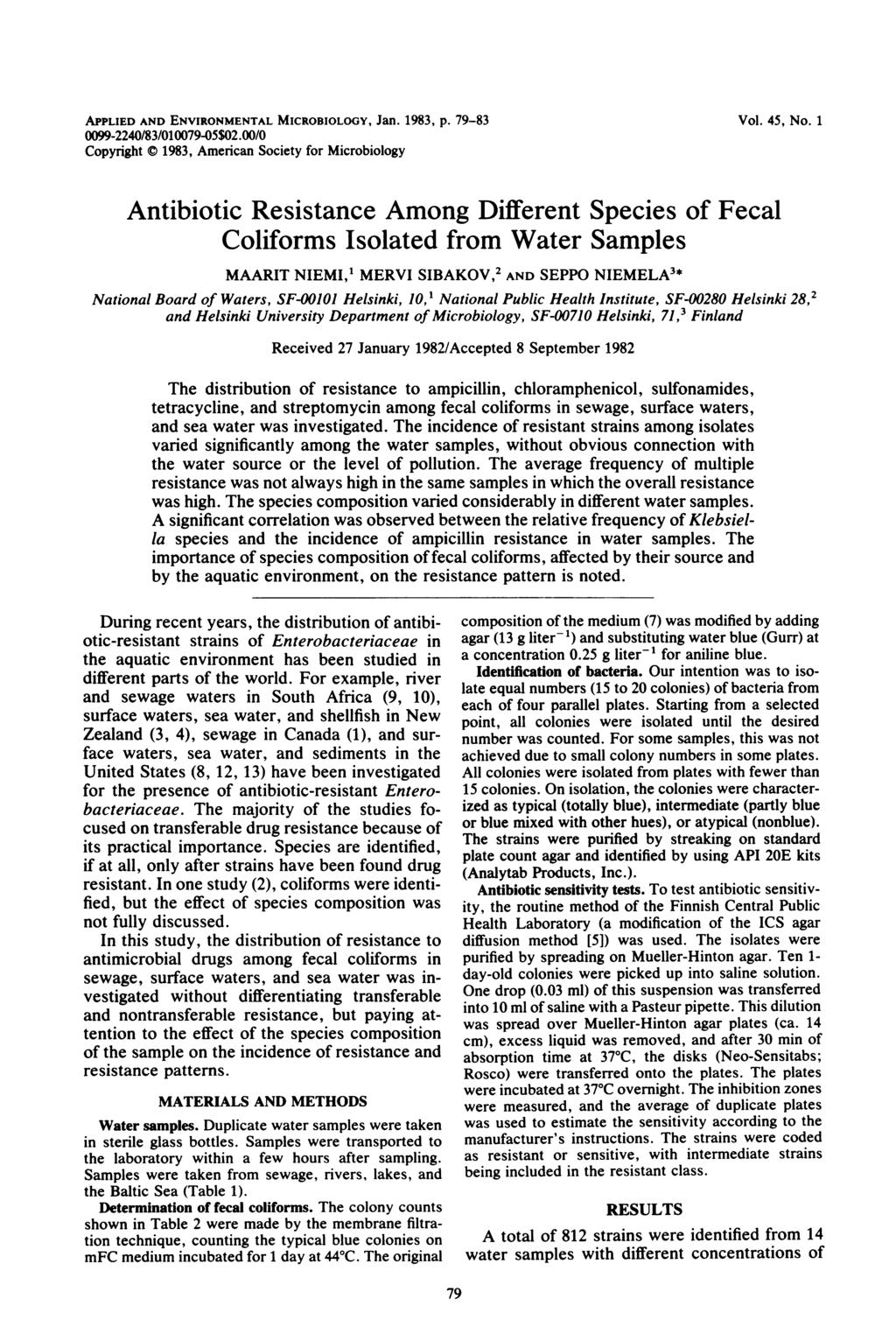 APPLIED AND ENVIRONMENTAL MICROBIOLOGY, Jan. 1983, p. 79-83 0099-2240/83/010079-05$02.00/0 Copyright C 1983, American Society for Microbiology Vol. 45, No.