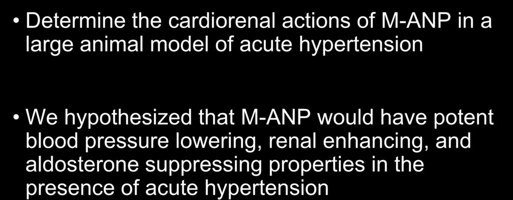 Objective and Hypothesis Determine the cardiorenal actions of in a large animal model of acute hypertension We hypothesized that