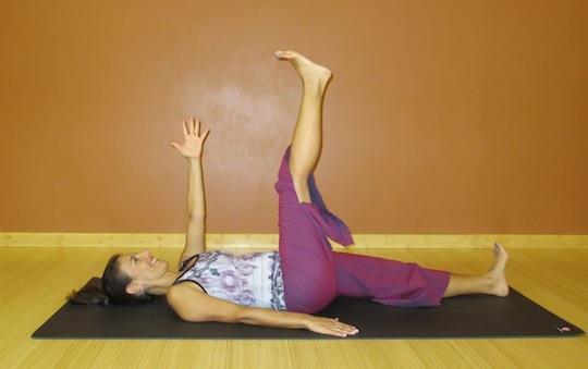 Opposite Hand to Foot Stretch Hips Shoulders Hamstrings Start lying on your back with your legs extended on the floor and your arms overhead or at your sides As you exhale, bring your right hand and