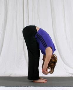 Easy Forward Fold Legs Back Shoulders Neck From down dog, walk feet forward, placing feet between hands (about hip width apart and parallel) Keep knees slightly bent Drop head down, looking towards