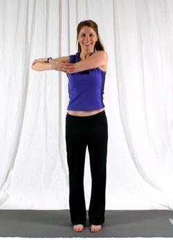 Shoulder Stretch Shoulders Arms Upper Back Start standing with feet about hip width apart and parallel (not turned out) Bring arms up to shoulder height Bend elbows, holding onto opposite elbows, so