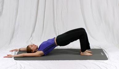 Repeat 5-8 times, moving with the breath Variation: As you inhale, raise your arms overhead as you lift your hips up Exhale, bring your arms back to your sides as you roll your hips back to the floor