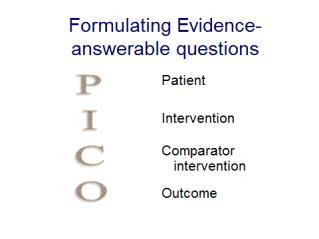 Clinical questions must have four components. These are often referred to by the mnemonic PICO: 1. Population: The type of person (patient) involved 2.