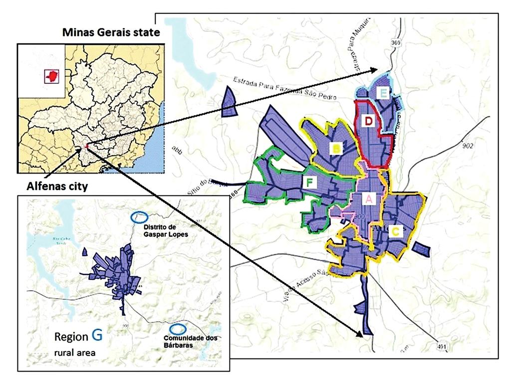 Rev Soc Bras Med Trop 51(6):855-859, Nov-Dec, 2018 FIGURE 1: Localization of Alfenas city in the south region of Minas Gerais state, and organization of its different neighborhoods/districts as