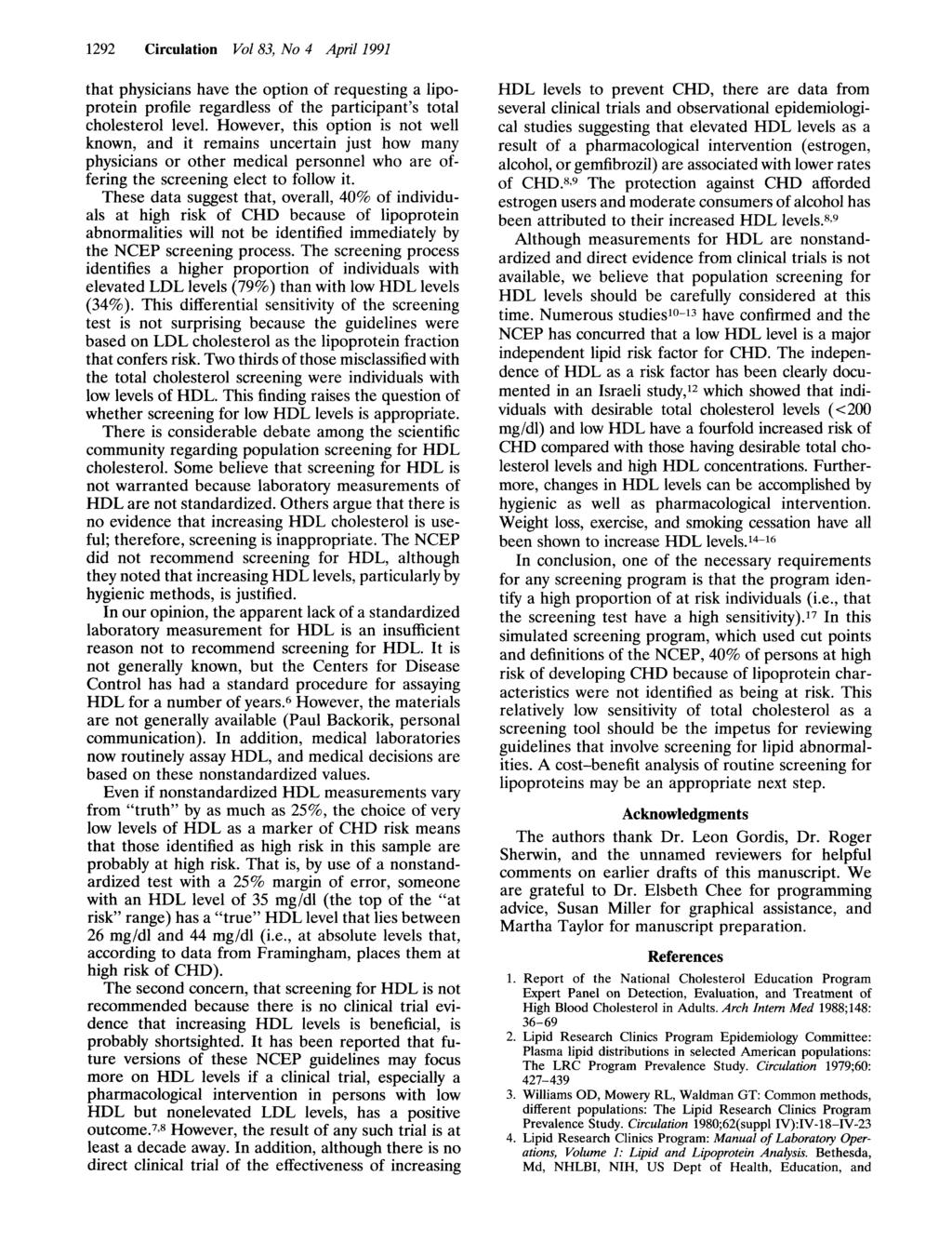 1292 Circulation Vol 83, No 4 April 1991 that physicians have the option of requesting a lipoprotein profile regardless of the participant's total cholesterol level.