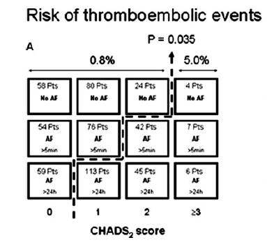 SCAF duration and CHADS 2 scores in relation to TE At a CHADS 2 score of 1, only AF > 24 h would increase the annual stroke rate to 5 % compared with 0.