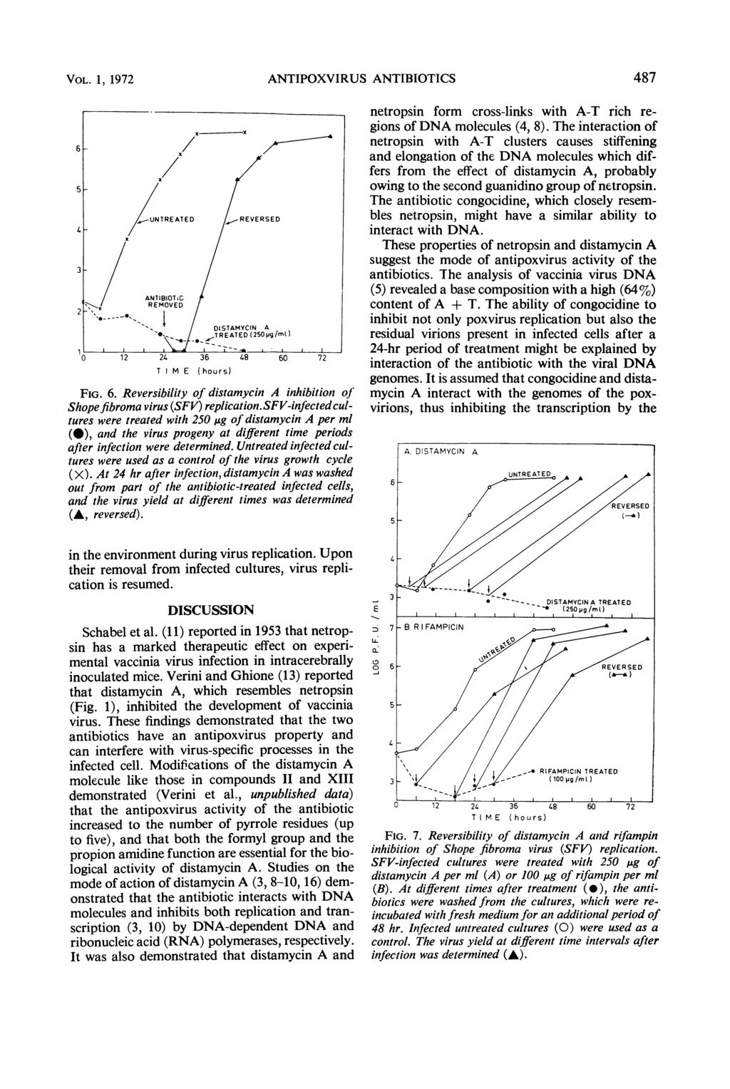 VOL. 1, 1972 ANTIPOXVIRUS ANTIBIOTICS 487 FIG. 6. Reversibility of distamycin A inhibition of Shopefibroma virus (SFV) replication.
