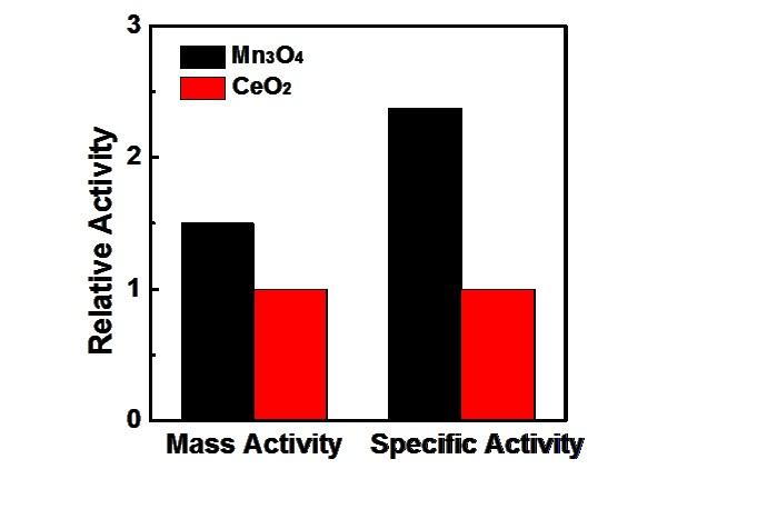Figure S9. Comparison of the mass-based and the surface area normalized (i.e., specific) SOD mimicking activities of Mn 3 O 4 NPs and CeO 2 NPs.