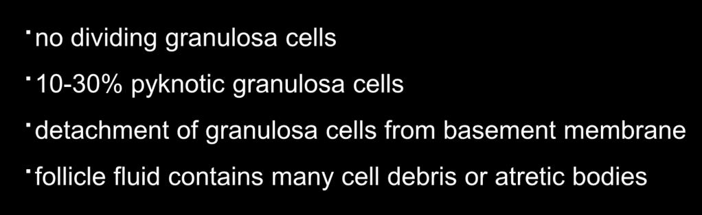 Atresia no dividing granulosa cells 10-30% pyknotic granulosa cells detachment of granulosa cells from basement membrane follicle fluid contains many cell