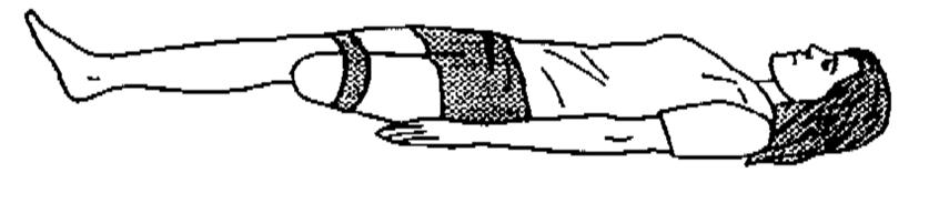 Hip Abduction: Lie on your back. Fasten a belt or theraband around your thighs as low as it is comfortable. Try to pull your legs apart by pushing outward against the belt or theraband.