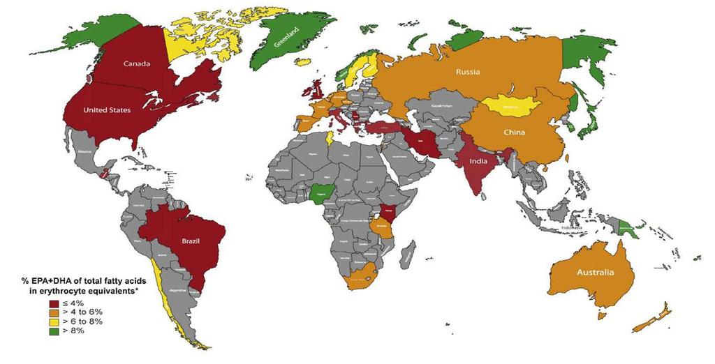 Global Blood Levels of EPA and DHA in Adults (Omega-3-Index = sum of EPA+DHA as a percentage of total