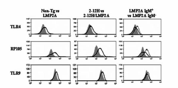 FIGURE A2.7 FIGURE A2.7. LMP2A induces higher TLR expression levels. One parameter histograms are shown for TLR4, RP105, and TLR9 expression.