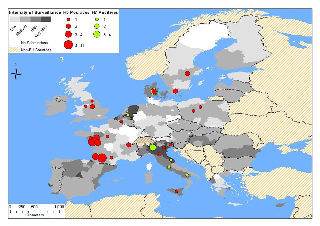 Figure 4 A map of the intensity of sampling in the EU AI poultry survey and holdings testing positive for H5 and H7 in 2010.