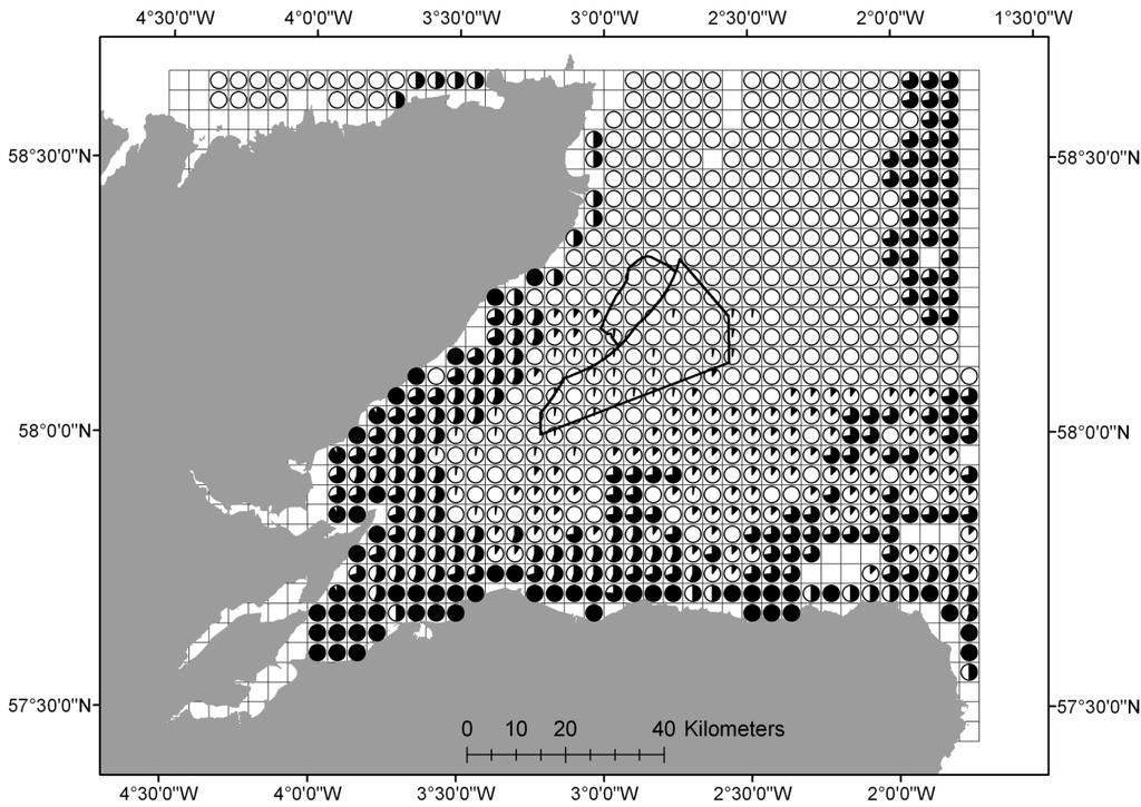 Figure 10. Prediction of the likelihood that dolphins encountered in each 4x4km grid cell are likely to be bottlenose dolphins.