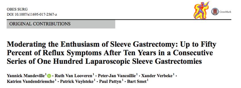 50% GERD from 17% at 8.5 years 100 LSG after long-term mean FU 8.5 years (%EWL) of 60%. A significant increase in GERD symptoms (50% from 17% pre op) (RR = 2.5882, 95% CI [1.6161 4.
