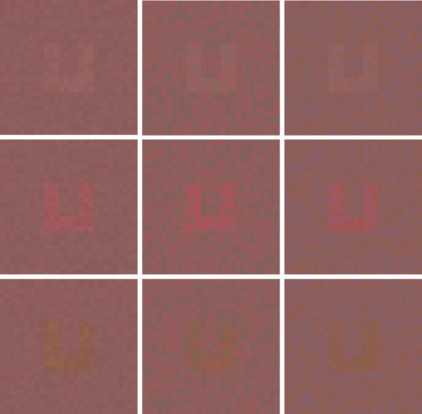 FIG. 2. Overview of the nine possible combinations of the color directions for background noise and test symbol, as studied in Experiment 2. Left to right: background noise in L*, C*, h.
