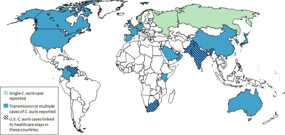 Countries from which Candida auris cases have been reported, as of August 31, 2018 In some hospitals C.