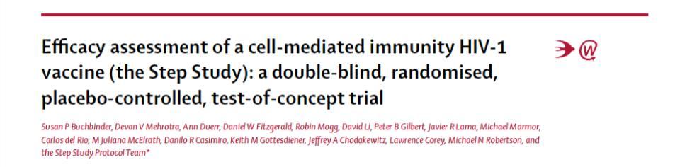 Robertson, James Kublin, Lawrence Corey, on behalf of the HVTN 503/Phambili study team Adenovirus vector, gag-pol-nef, x3 immunisations Trial stopped early, for lack of efficacy No evidence of
