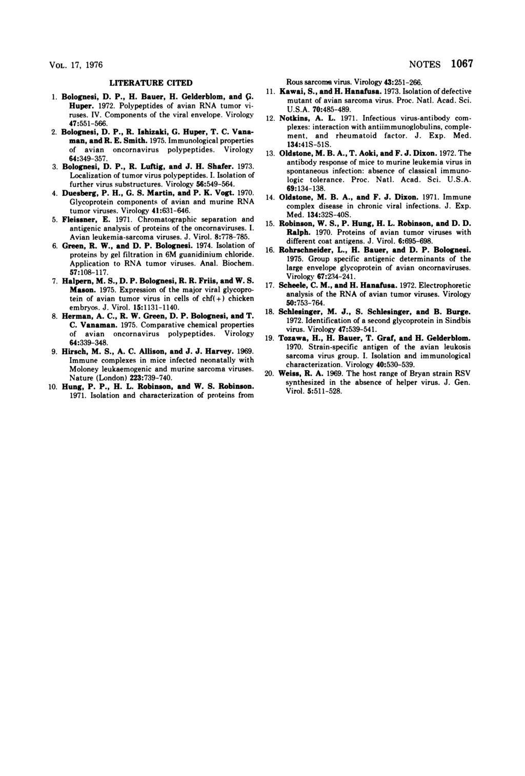 VOL. 17, 1976 LITERATURE CITED 1. Bolognesi, D. P., H. Bauer, H. Gelderblom, and 6. Huper. 1972. Polypeptides of avian RNA tumor viruses. IV. Components of the viral envelope. Virology 47:551-566. 2.