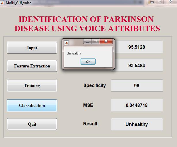 International Journal of Pure and Applied Mathematics CONCLUSION Parkinson disease is hard to diagnose but the voice changes are machine detectable even in the early stages.