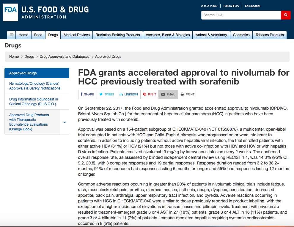 FDA: Accelerated approval to nivolumab The recommended dose for HCC treatment is 240mg q 2 wks As