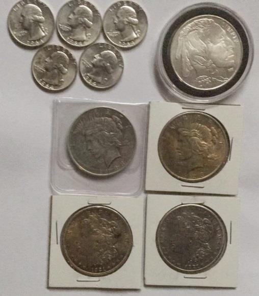 - Buffalo Silver Round, 1923-D Peace Dollar, 1923 Peace Dollar, 1921 Morgan Dollar and a