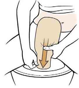Pull your clothes away from the pouch. Hold the bottom of the pouch up. Undo the clip and set it aside. Or open the Velcro closure. Slowly unroll the tail over the toilet.