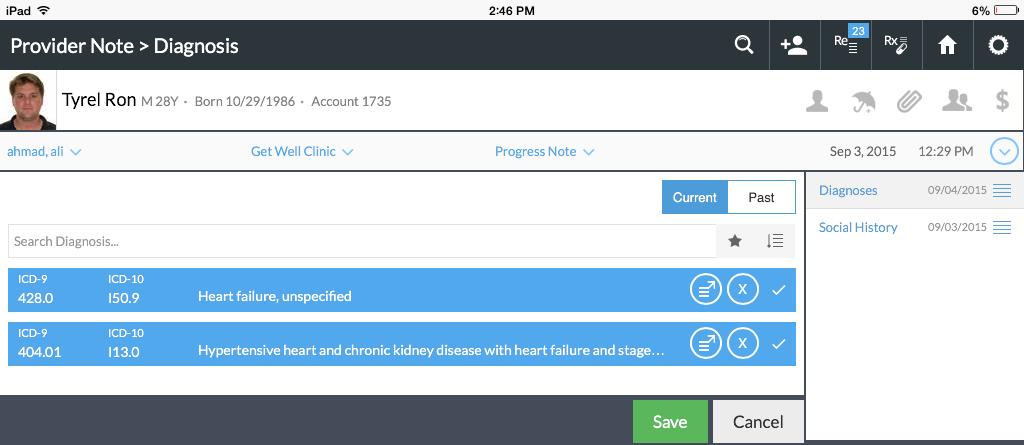 ICD-10 workflow enhancements in Diagnosis Component To view the Diagnosis component, select a patient profile, open an existing Provider Note or create a new one.